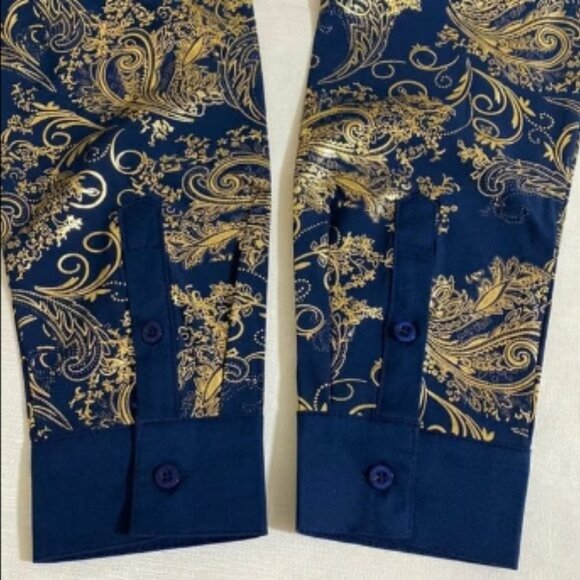 JOGAL Men's Mandarin Button Down Dress Shirt w Metallic Gold Graphics Size M - Picture 5 of 7